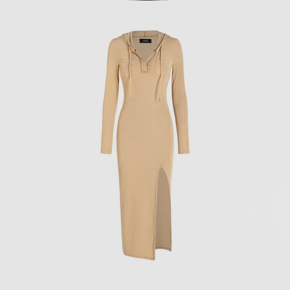 Knit Drawstring Hooded Slit Dress